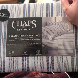 CHAPS by Ralph Lauren Light Blue/White Plaid stripes 6pc QUEEN Sheet Set
